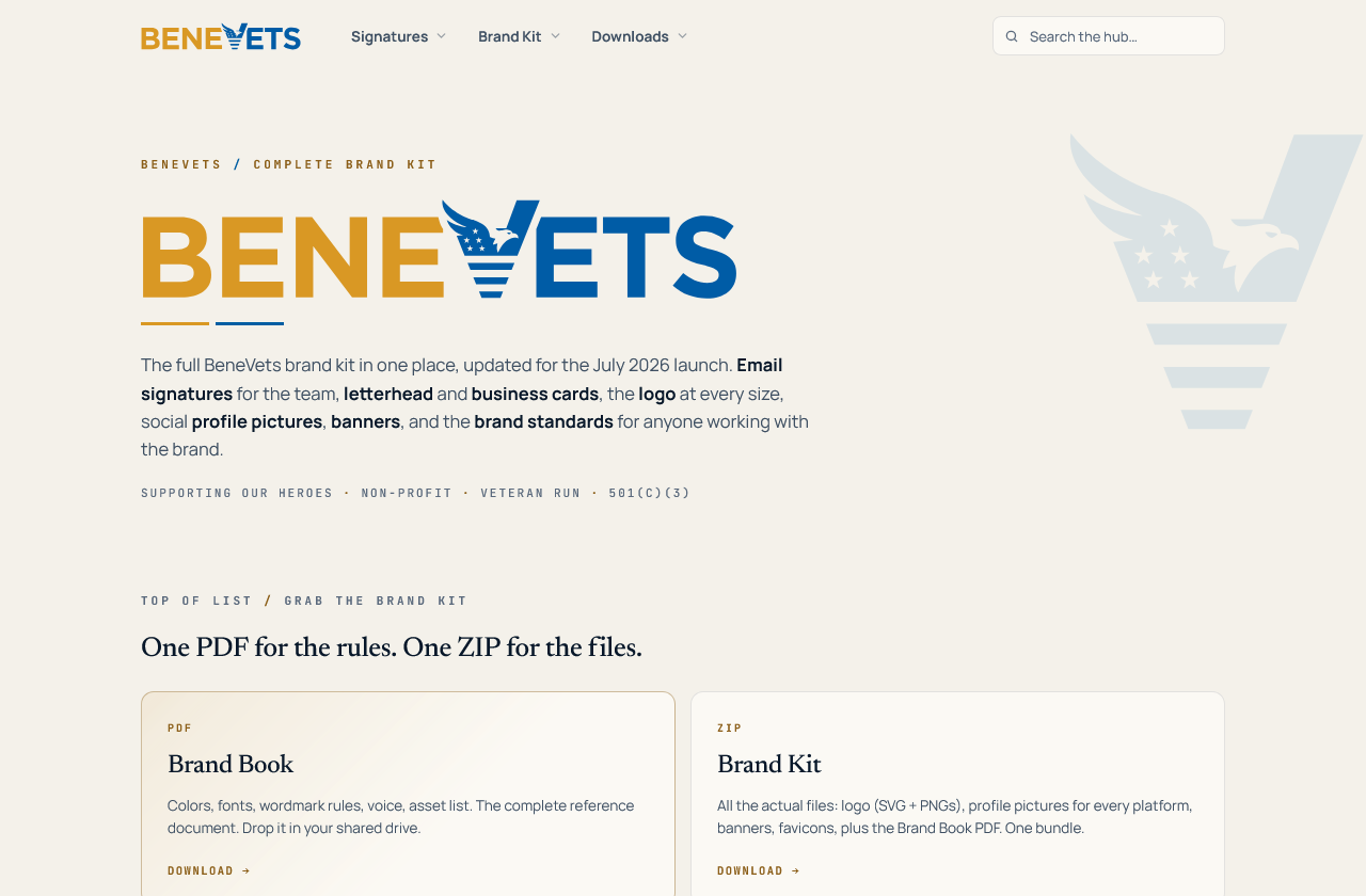 The BeneVets brand kit hub: brand book PDF and one-ZIP download