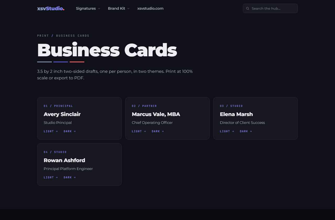 The business cards page of the xsvStudio hub: light and dark drafts per person