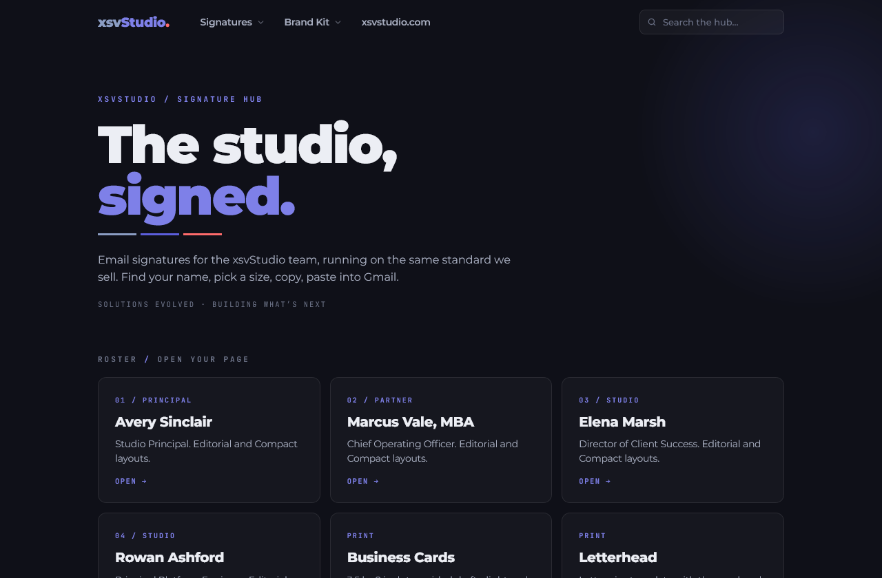 The xsvStudio signature hub: roster cards, business cards, letterhead, search